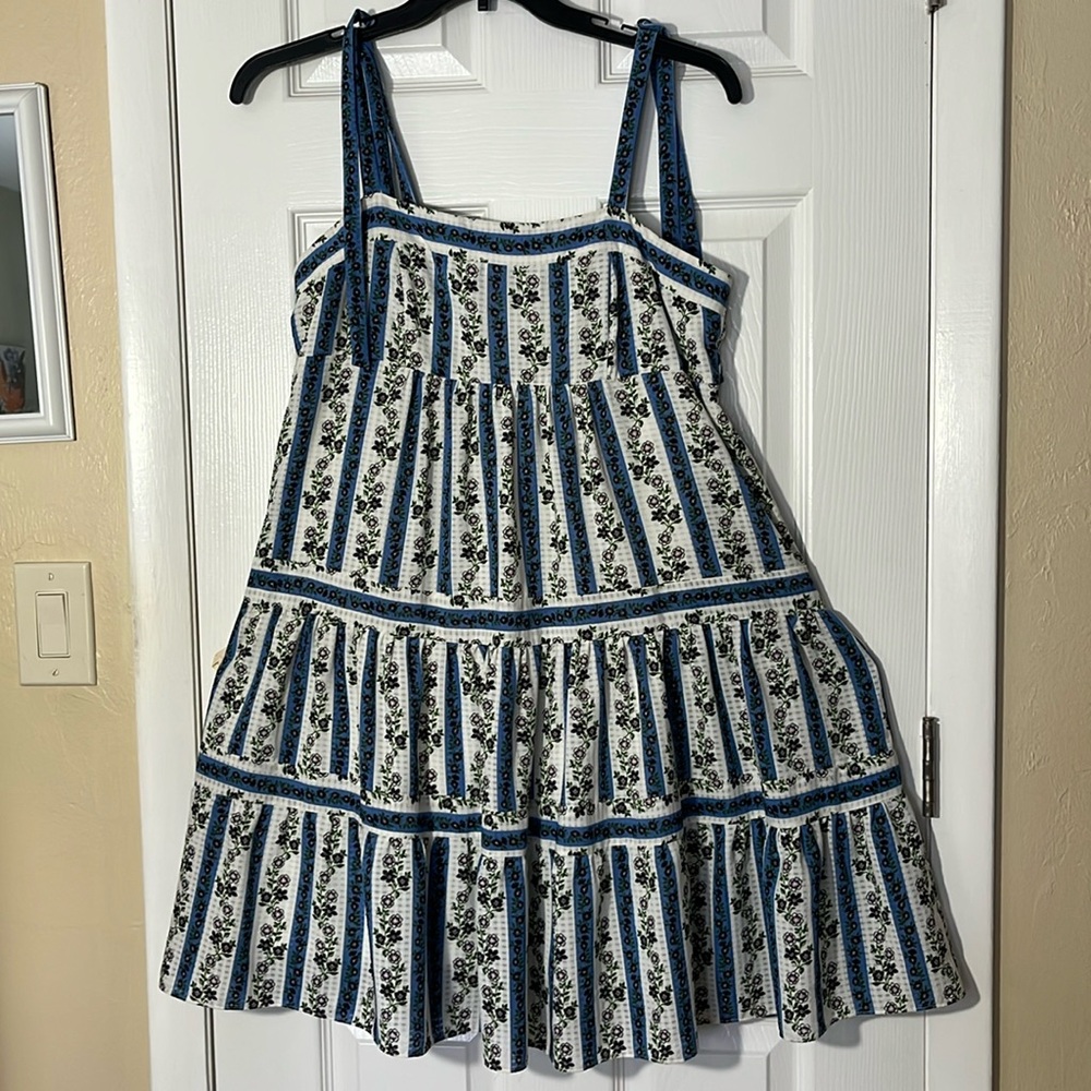 MelonieT floral boho babydoll tier ruffle midi dress blu pink side zip lined 10